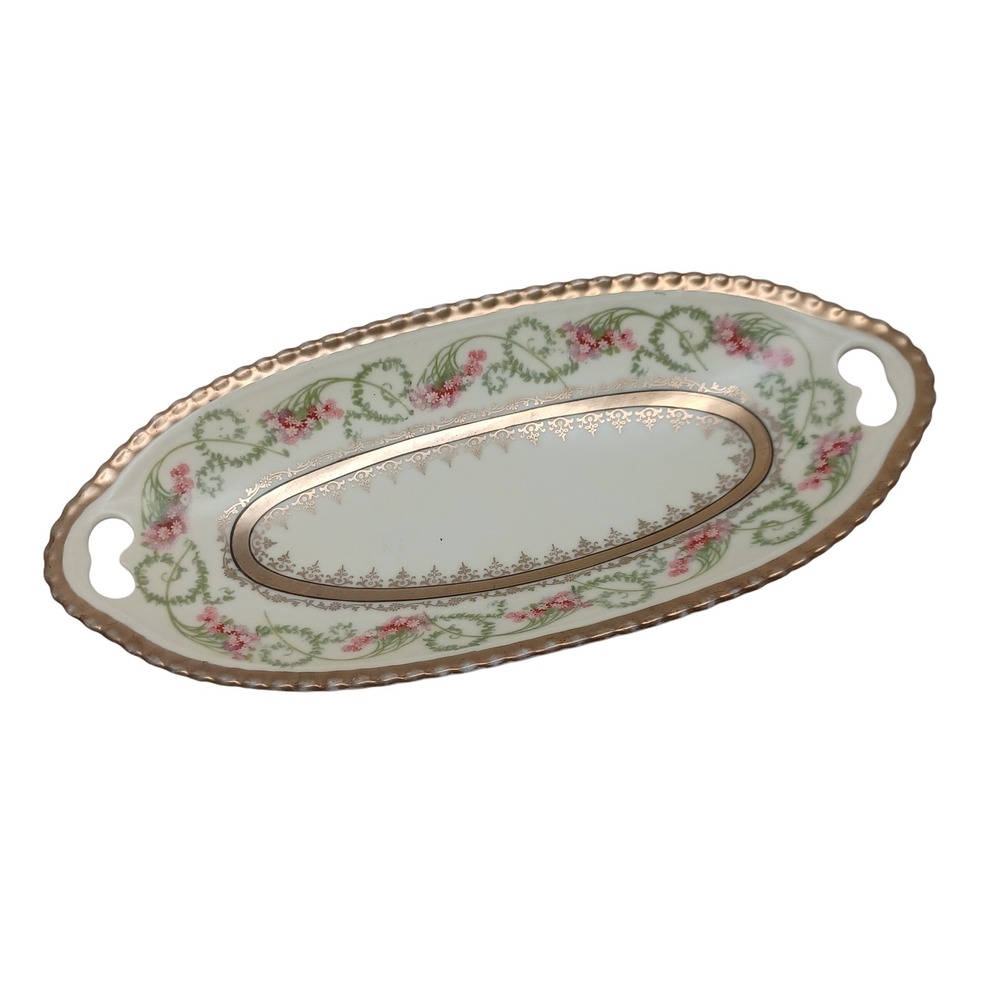 Vintage Bavaria Porcelain Dish Pink Floral Gold Gilt Scalloped Relish Tray